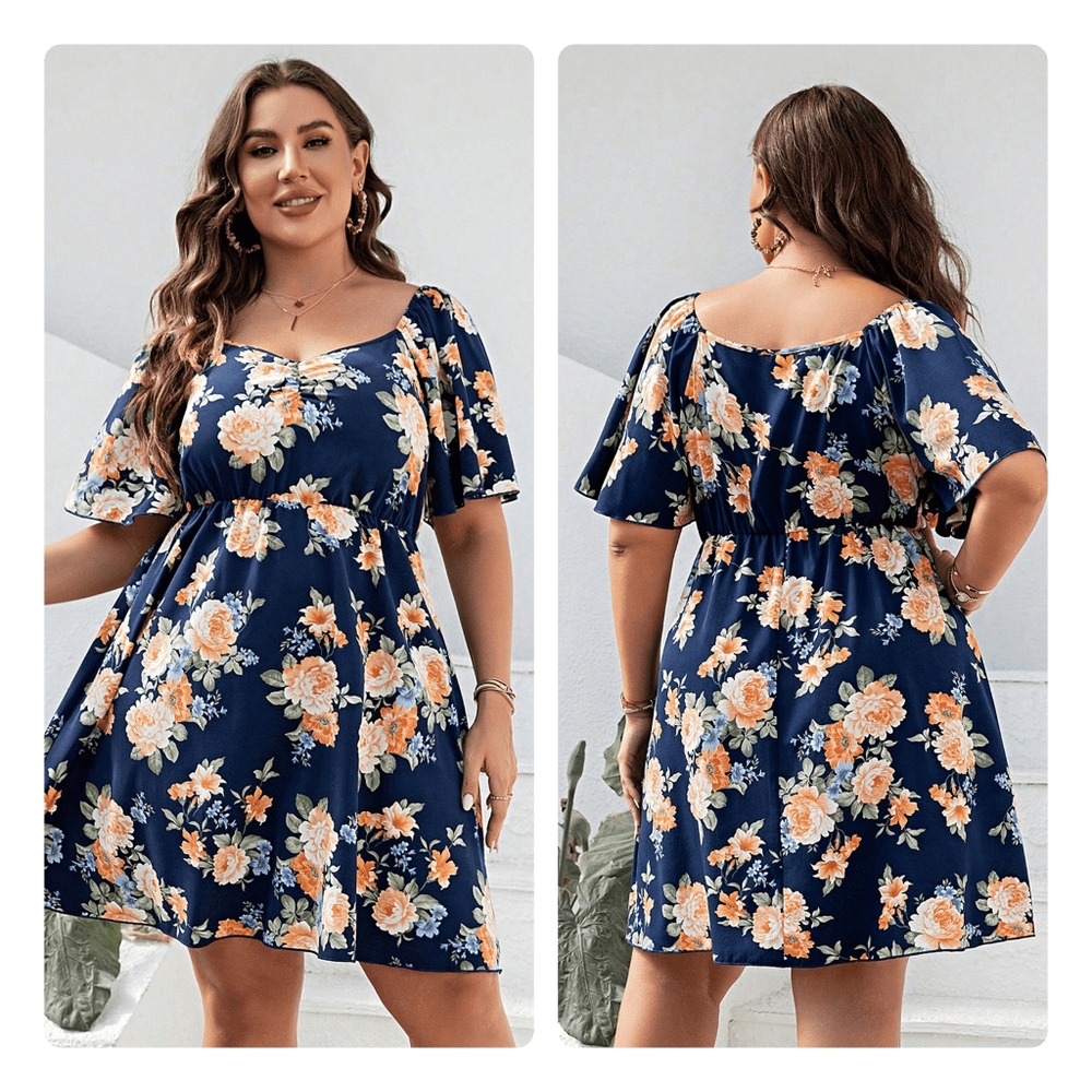 Blue Floral Print Flutter Sleeve Mini Dress - Picture 5 of 5